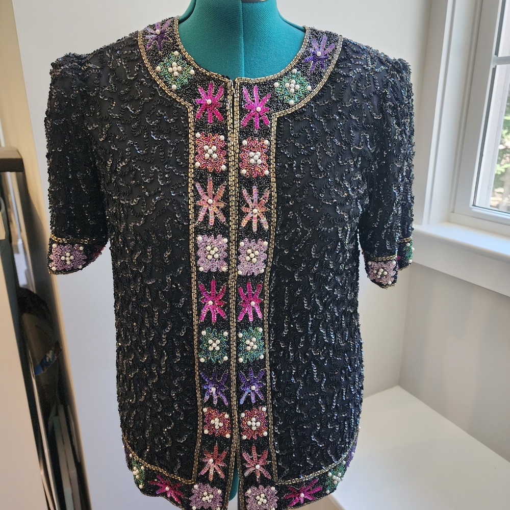 Vintage Laurence Kazar NY Embellished Sequin Beaded Black Jacket Top Large Silk - Picture 5 of 9